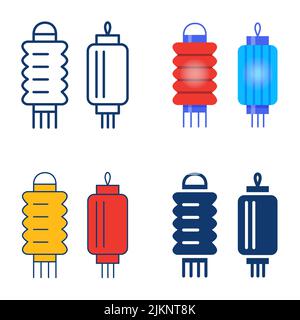Japanese lantern icon set in flat and line style. Traditional oriental paper lamp symbol. Vector illustration. Stock Vector