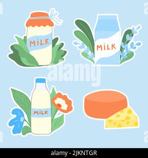 Dairy products sticker set. Milk day. Flat illustration. Vector Stock Vector
