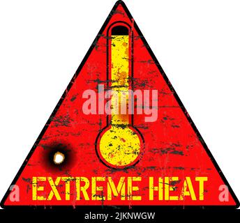 Heat warning sign with thermometer, grungy sytyle vector illustration Stock Vector