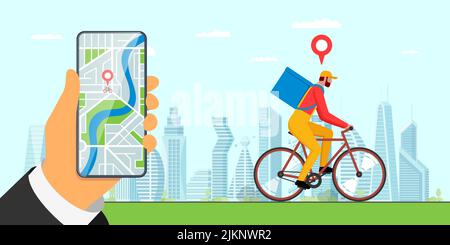 Bicycle delivery ordering service app banner concept. Hand holding smartphone with geotag location pin on city map and express carrying courier on bike with backpack. Food and goods online order. Eps Stock Vector