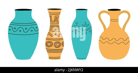 Set of vases for home flowers with a striped pattern. Plant pot. Element of a room interior. Ancient greek style and design. Flat vector illustration Stock Vector