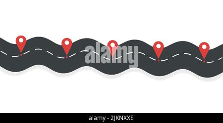 Flat road with pins. Highway for route of journey on isolated background. Asphalt street for infographic. Design traffic trip template. Vector Stock Vector