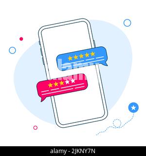 Review, feedback, rating bubble speech on smartphone vector illustration, line mobile phone reviews stars, testimonials messages Stock Vector