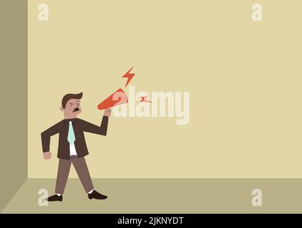 A male cartoon character making an announcement with a megaphone in a brown room Stock Vector
