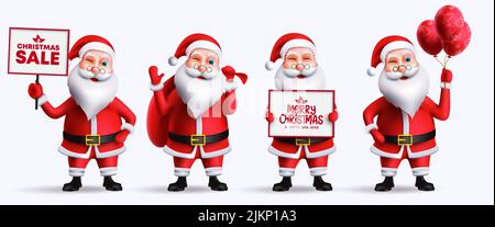 Santa christmas character vector set. Santa claus 3d characters isolated in white background with standing, waving and holding pose and gesture. Stock Vector