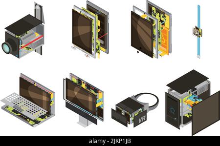 Colored gadgets scheme isometric icon set with computer reserve parts and microcircuit vector illustration Stock Vector