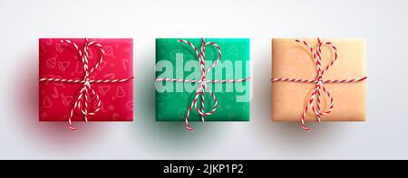 Christmas gifts vector set design. Christmas gift boxes wrapped with minimalist pattern and twine ribbon in top view for 3d present decoration. Stock Vector