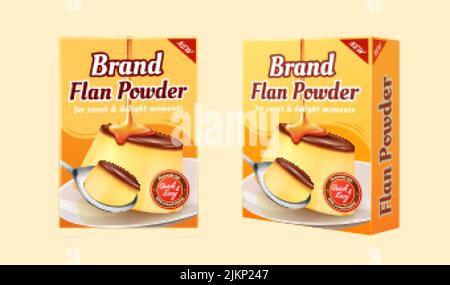 Flan powder package design mockup set in 3d illustration isolated on light yellow background Stock Vector