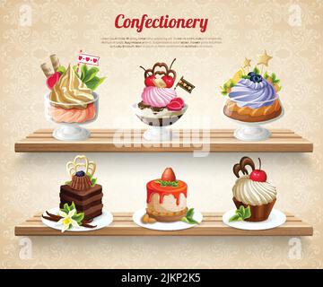Confectionery with colorful desserts and yummy cakes on wooden shelves on textured beige background vector illustration Stock Vector
