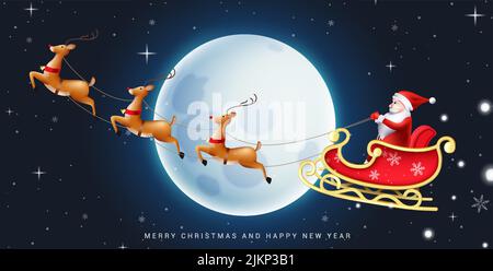 Christmas eve vector design. Santa claus riding sleigh on christmas night flying with reindeer characters and moon element for holiday evening. Stock Vector