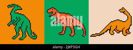 Colorful art with dinosaurs in pixel art style. Stock Vector