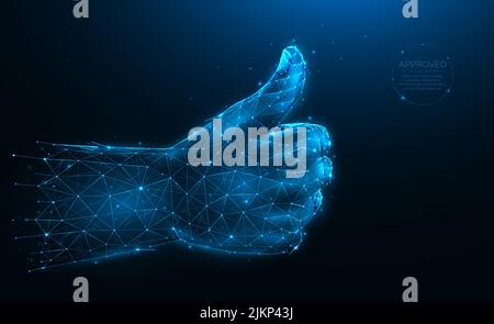 Approved. Thumb up or gesture of approval polygonal vector illustration on a dark blue background. Hand gesture Ok low poly design. Stock Vector