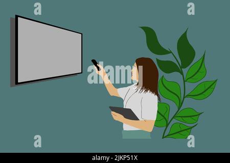 Woman relaxing in arm chair at home, turning on air conditioner system, holding remote control device. Flat vector illustration for summer, cleaning Stock Vector