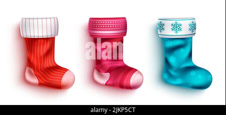 Christmas stockings vector set design. 3d christmas stocking socks with colorful stripes and snowflakes pattern elements for xmas decoration. Stock Vector