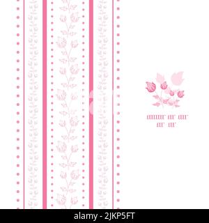 Vector pink hand drawn floral stripes isolated on white vertical seamless border pattern background Stock Vector