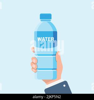 Water bottle in hand icon in flat style. Fitness drink vector illustration on isolated background. Healthy beverage sign business concept. Stock Vector