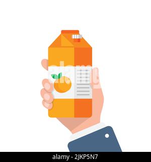 Orange juice in hand icon in flat style. Fruit beverage vector illustration on isolated background. Citrus drink sign business concept. Stock Vector