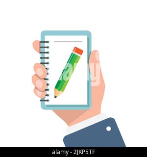 Diary in hand illustration in flat style. Notebook vector illustration on isolated background. Notepad sign business concept. Stock Vector
