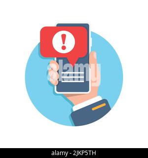 Phone notifications icon in flat style. Smartphone with exclamation point in hand vector illustration on isolated background. Spam message sign busine Stock Vector