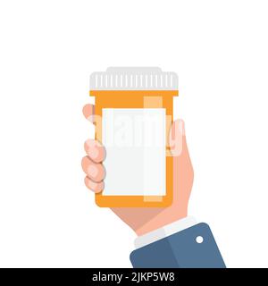 Pill bottle in hand illustration in flat style. Medical capsules vector illustration on white isolated background. Pharmacy sign business concept. Stock Vector