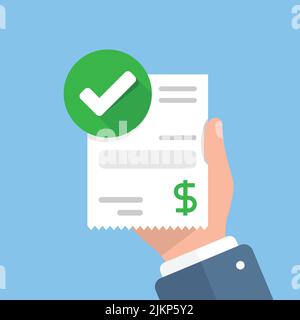 Success payment in hand illustration in flat style. Approved money vector illustration on isolated background. Successful pay sign business concept. Stock Vector