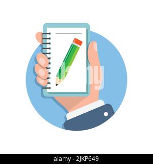 Diary in hand illustration in flat style. Notebook vector illustration on isolated background. Notepad sign business concept. Stock Vector