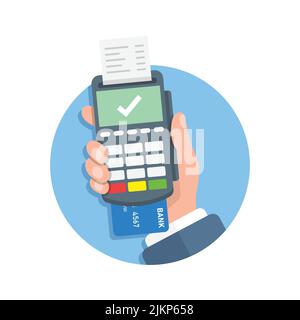 Male hand holding POS payment machine icon in flat style. Online payment vector illustration on isolated background. Banking transaction sign business Stock Vector