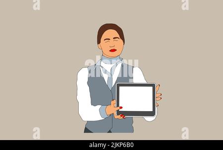 Portrait of smiling woman working on digital tablet. Vector illustration in pastel tones Stock Vector