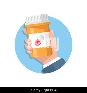 Pill bottle in hand illustration in flat style. Medical capsules vector illustration on white isolated background. Pharmacy sign business concept. Stock Vector
