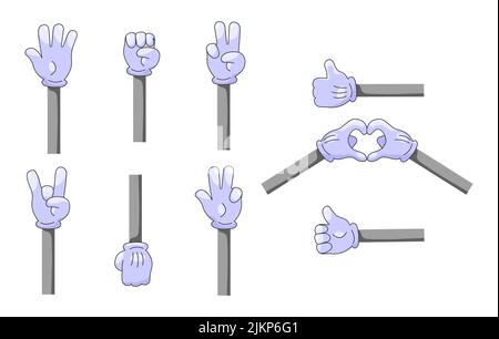 Set of cartoon hands in gloves. Retro comic hands in gloves with various gestures. Vector illustration. Stock Vector