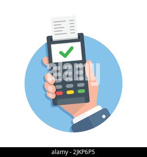 Male hand holding POS payment machine icon in flat style. Online payment vector illustration on isolated background. Banking transaction sign business Stock Vector