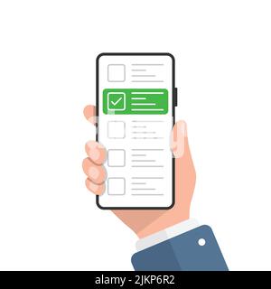 Online form survey in hand illustration in flat style. Mobile questionnaire vector illustration on isolated background. Checklist on phone screen sign Stock Vector