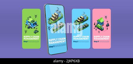 Supply chain management technologies mobile app page onboard screen. International SCM logistics and cargo delivery concept. Transport export and impo Stock Vector