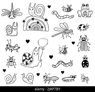 Set of insects - frog, snail on rainbow, beetles and spider, dragonfly and bee, ladybug and mosquito, grasshopper and worm. Linear hand drawn doodle. Stock Vector