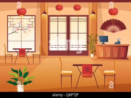 Japanese Food Cartoon Illustration with Various Delicious Dishes in the Restaurant such as Sushi on a Plate, Sashimi Roll and Other in Flat Style Stock Vector