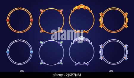 Silver and golden vintage game frames, ui medieval round borders of gold or steel metal with gems. Cartoon empty metallic bordering with gemstone, iso Stock Vector
