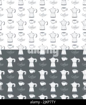 Coffee symbols seamless pattern. Cup, pot, lettering, modern flat icons graphic style design, white grey colors palette. Transparent background Stock Vector