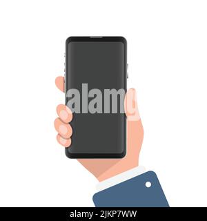 Smartphone in hand illustration in flat style. Mobile device vector illustration on isolated background. Gadget sign business concept. Stock Vector
