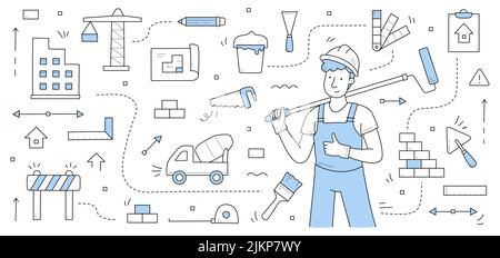 Construction and building doodle concept. Repair service worker in uniform with roller tool. Builder, repairman, renovation employee or foreman charac Stock Vector
