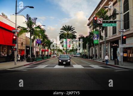 View of stores and intersection in Beverly Hills of Rodeo Drive and Brighton Way Stock Photo