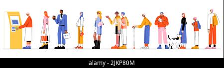 People at atm queue. Diverse characters stand in line waiting turn to draw or put money to automated teller machine. Clients terminal transaction, ban Stock Vector
