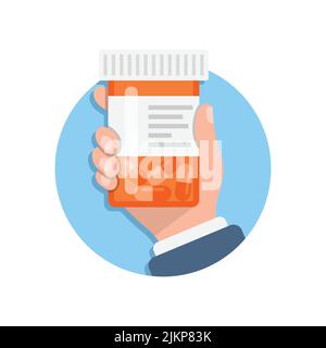 Pill bottle in hand illustration in flat style. Medical capsules vector illustration on white isolated background. Pharmacy sign business concept. Stock Vector