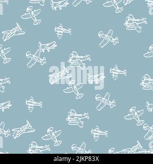 Vector seamless pattern with outline aircraft. Kids background with planes. Funny airplanes Stock Vector