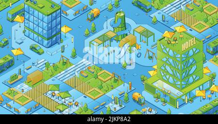 Isometric city map, modern town with eco park, kids playground, hotel and office buildings. Vector illustration of city district, urban architecture a Stock Vector