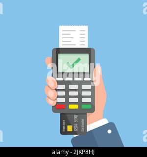 Male hand holding POS payment machine icon in flat style. Online payment vector illustration on isolated background. Banking transaction sign business Stock Vector