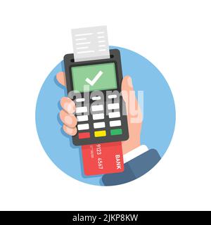 Male hand holding POS payment machine icon in flat style. Online payment vector illustration on isolated background. Banking transaction sign business Stock Vector