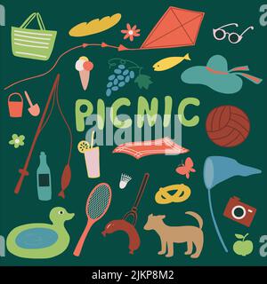 Hand drawn summer leisure set on green background. Stock Vector