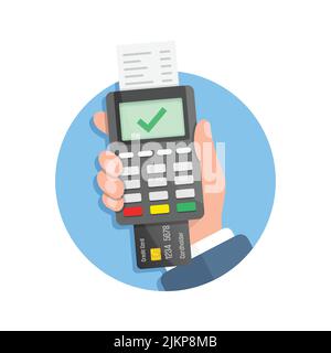 Male hand holding POS payment machine icon in flat style. Online payment vector illustration on isolated background. Banking transaction sign business Stock Vector