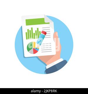 Contract document with pencil in hand illustration in flat style. Report vector illustration on isolated background. Paper sheet sign business concept Stock Vector