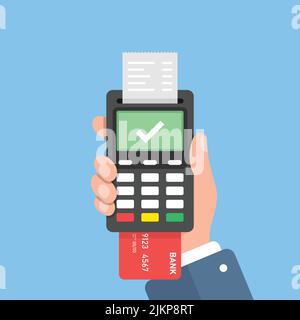 Male hand holding POS payment machine icon in flat style. Online payment vector illustration on isolated background. Banking transaction sign business Stock Vector